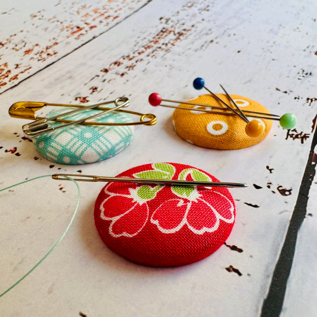 Happy Vintage 3-Pack MINI Magnetic Needle Minder/Pin Cushions (Teal/Yellow/Red)