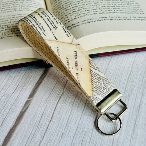 LIBRARY of RARITIES Antique Book Pages Fabric Key Fob Wristlet