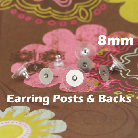 8 mm Stainless Steel Earring Posts and Backs with Glue Pads